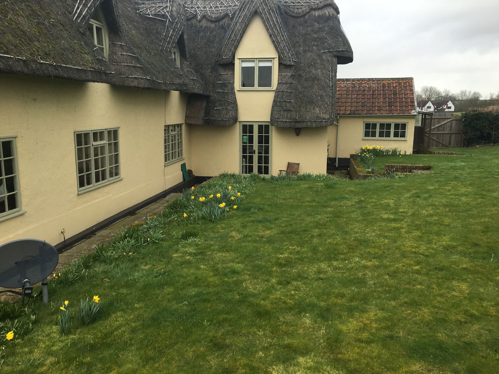 pretty thatched cottage with narrow side path and extensive lawns