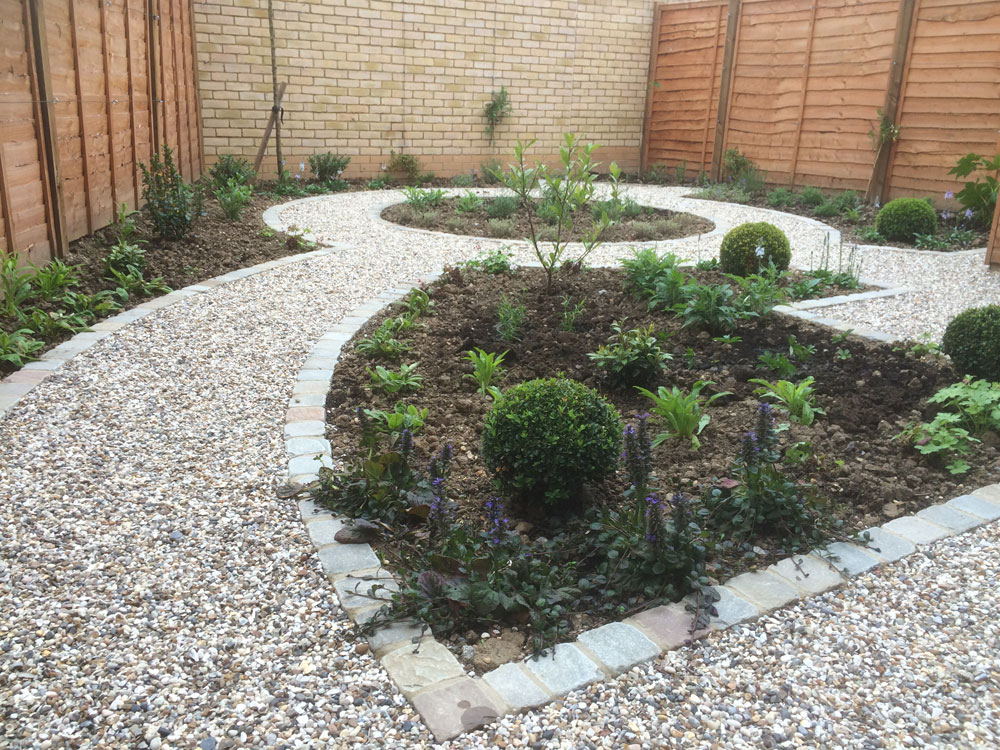 gravel garden with paths and drought tolerant planting