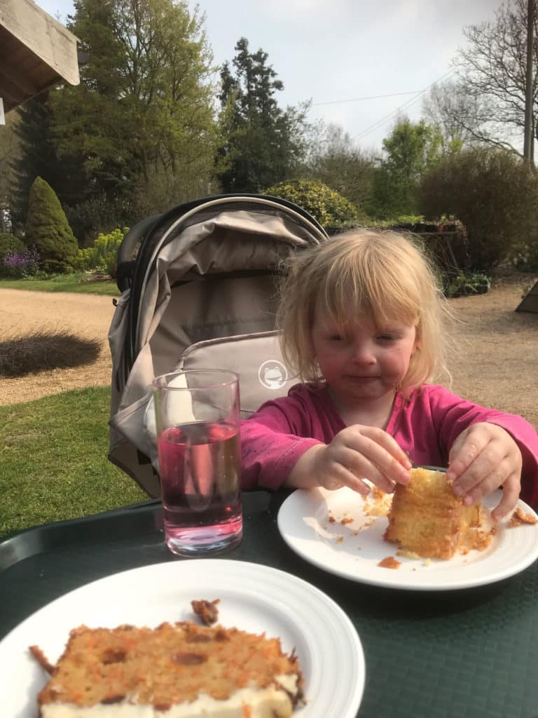 small girl eating cake in a garden