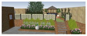 3D garden design of a garden on two levels with summerhouse and lawn on the upper terrace, patio on the lower terrace beside the house