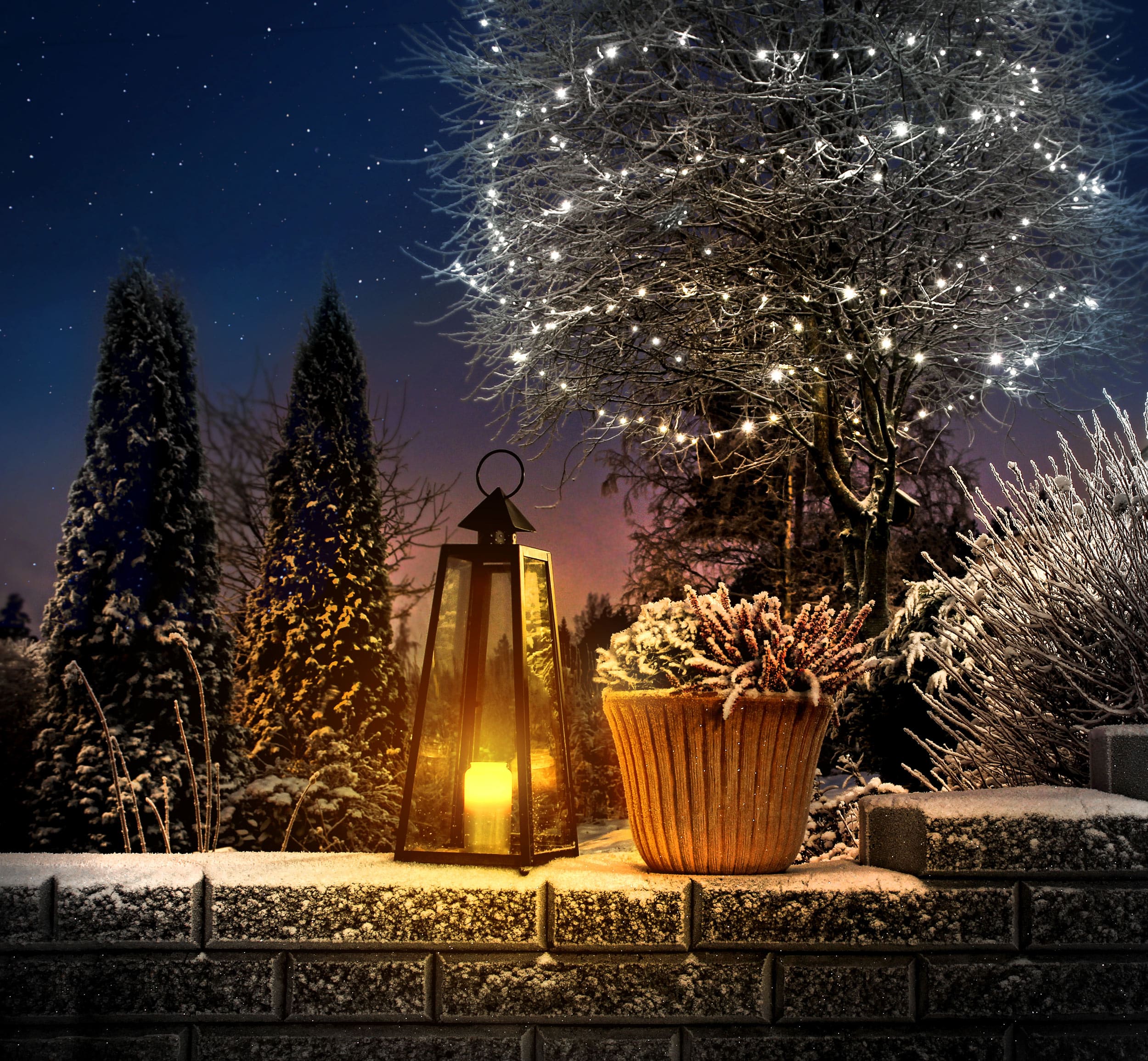 outdoor christmas lights with candle lantern