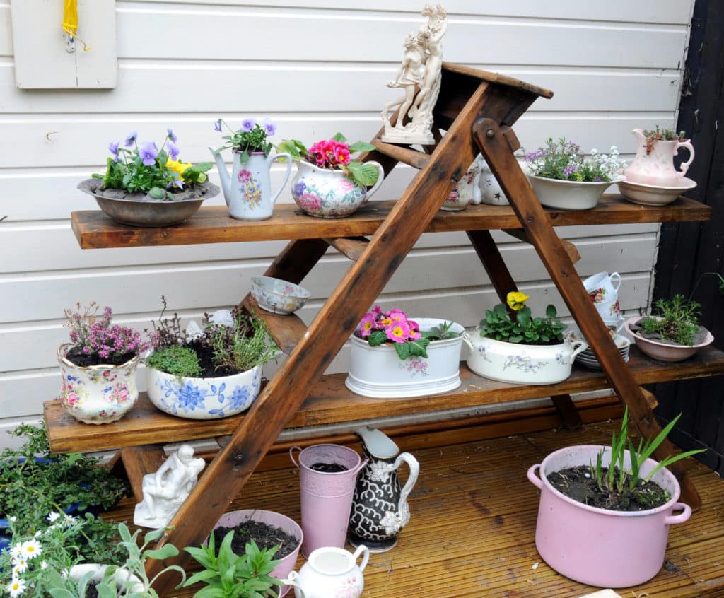 upcycled garden storage for pot plants and accessories