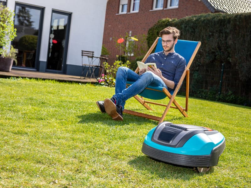 robot lawn mower in low maintenance garden