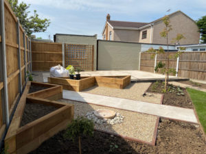 raised sleeper beds in newly landscaped rear garden