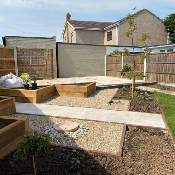hard landscaping in rear garden with path and gravelled area