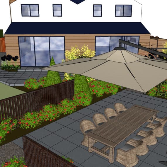 3d garden design plan for outdoor kitchen and eating area
