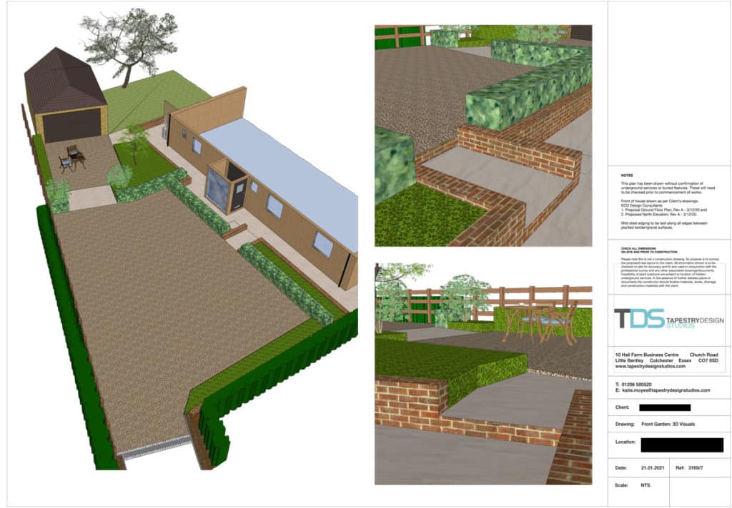 3d render of a driveway design with parking space and planting