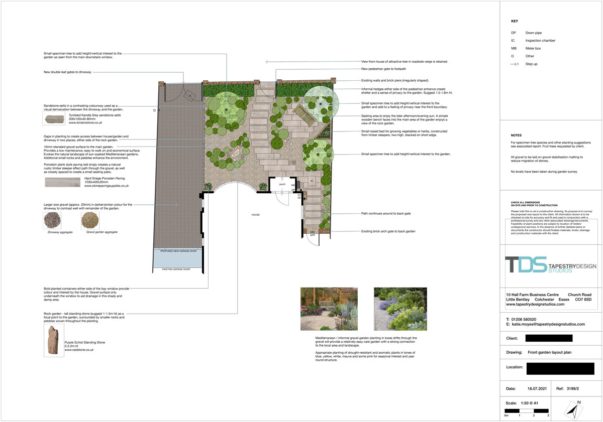 layout plan for front garden and driveway with interesting planting pockets
