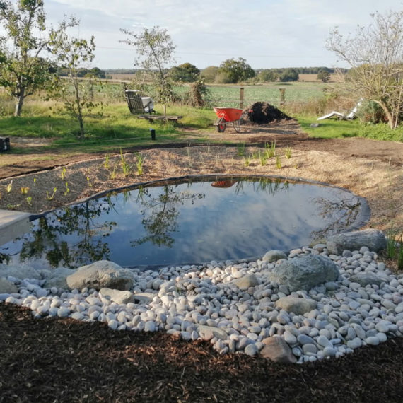 part built wildlife pond with pebble beach area and views over Essex farmland