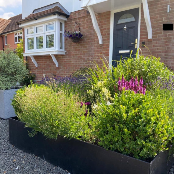 square shaped planter fillled with colourful shrubs and perennial plants