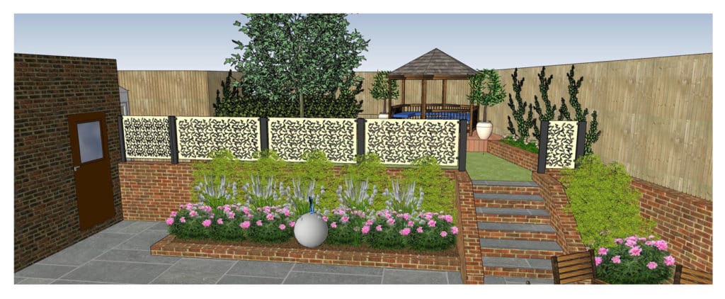 3D garden design for back garden with raised terrace and summerhouse