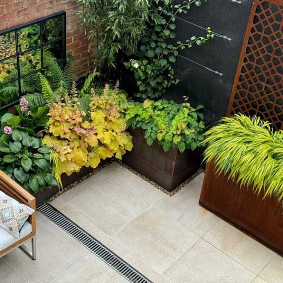 view of modern courtyard garden from upstairs window