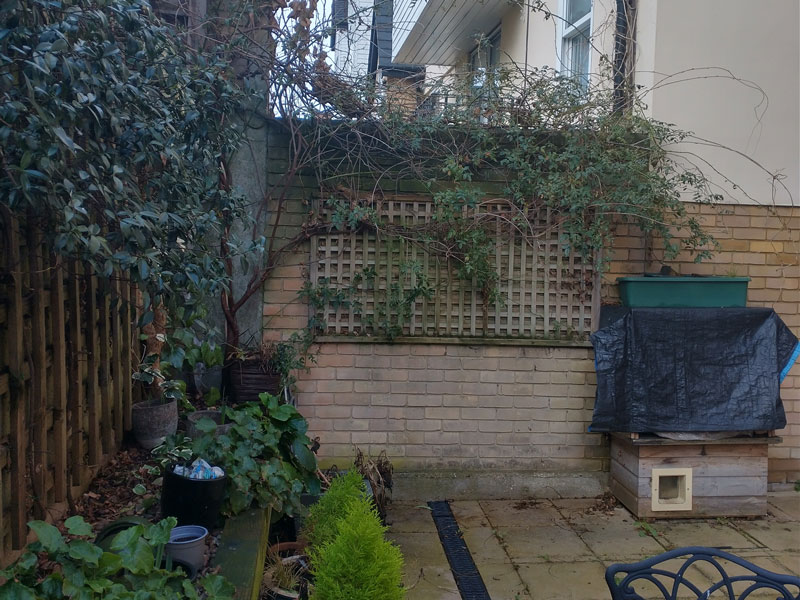tired and dated small paved garden with wooden trellis on rear wall