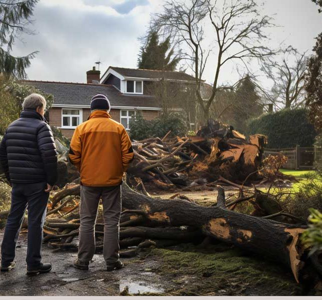 two men surveying storm damage to back garden