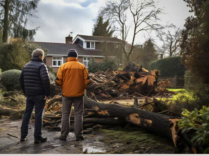two men surveying storm damage to back garden