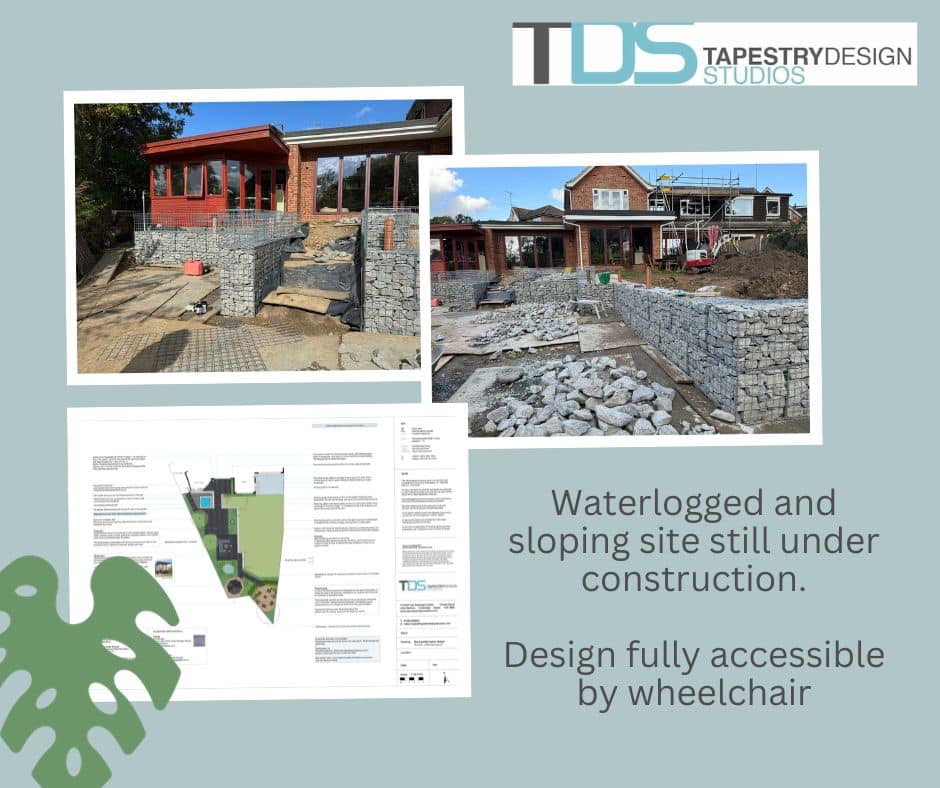 photo collage of design for a wheelchair accessible back garden