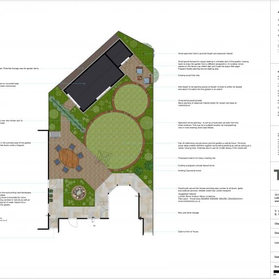 garden design for a pretty back garden in Great Bentley with interlocking circular lawns